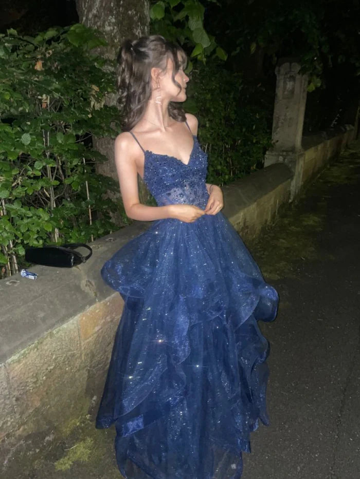 Dreamy Princess Navy Blue A-line V-neck Spaghetti Strap Layered Tulle Long Prom Dress Evening Dress Bridesmaid Dress cc4946