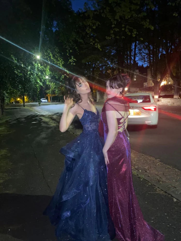 Dreamy Princess Navy Blue A-line V-neck Spaghetti Strap Layered Tulle Long Prom Dress Evening Dress Bridesmaid Dress cc4946