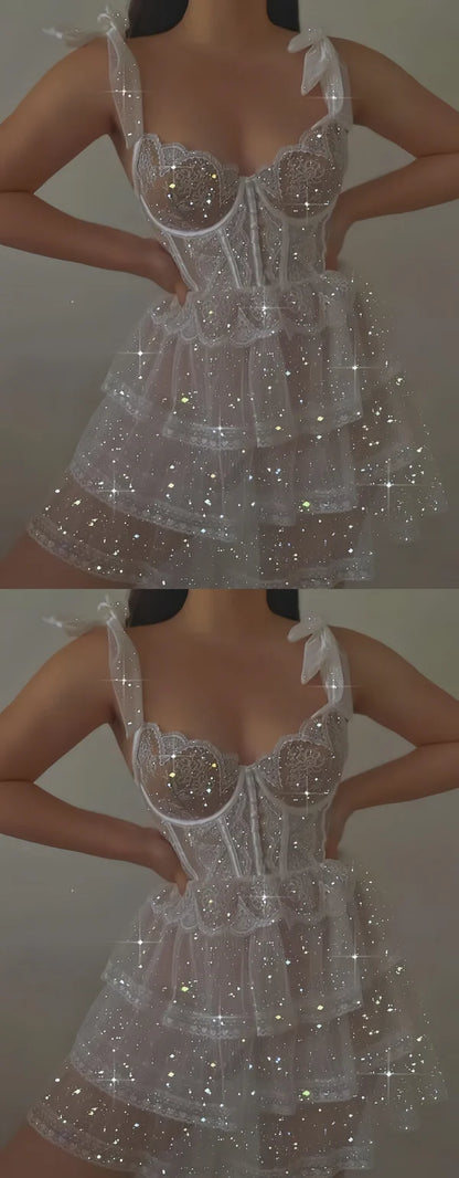Sweet White Glitter Bow Strap Tulle A-line 16th Birthday Homecoming Dress cc4246