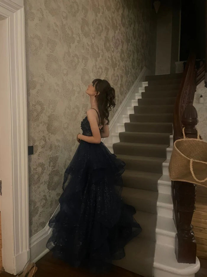 Dreamy Princess Navy Blue A-line V-neck Spaghetti Strap Layered Tulle Long Prom Dress Evening Dress Bridesmaid Dress cc4946