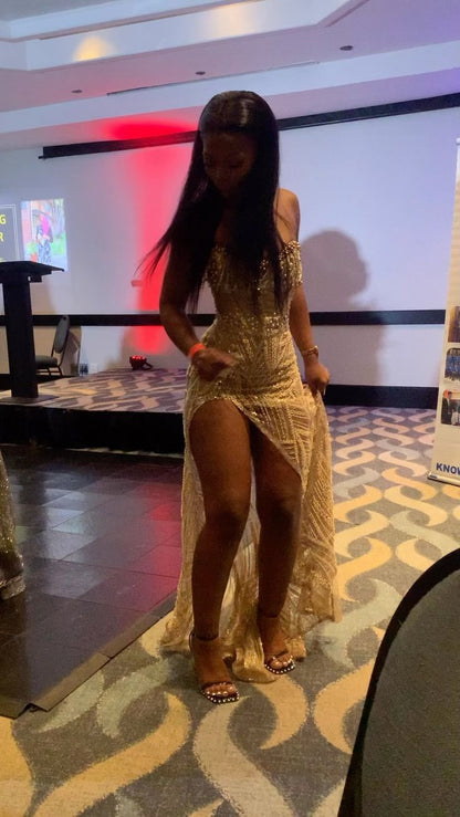 Gorgeous Champagne Gold High-slit Strapless Beaded Sequined Prom Dress Evening Dress cc4947
