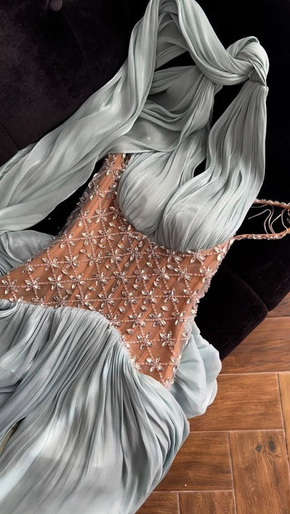 Elegant Light Blue A-line Rhinestone Deep V Halter Neck Chiffon Long Prom Dress Evening Dress cc4948