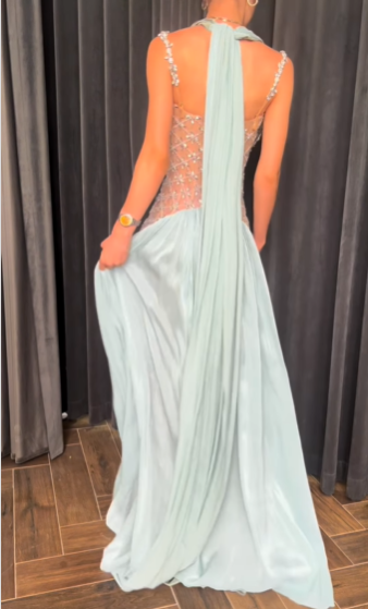 Elegant Light Blue A-line Rhinestone Deep V Halter Neck Chiffon Long Prom Dress Evening Dress cc4948