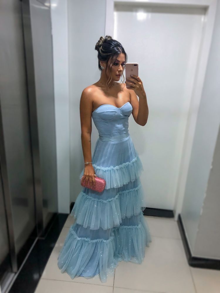 Elegant Light Blue A-line Multi-layer Cake Ruffled Glitter Tulle Long Prom Dress Evening Dress 20th Birthday Dress cc4725
