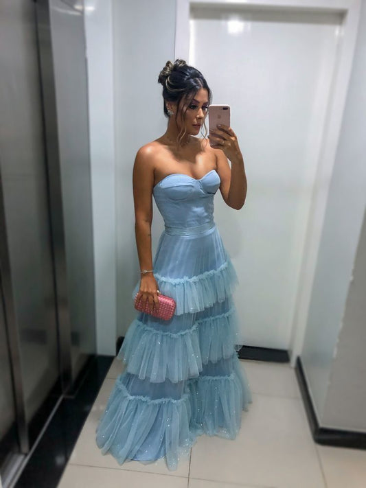Elegant Light Blue A-line Multi-layer Cake Ruffled Glitter Tulle Long Prom Dress Evening Dress 20th Birthday Dress cc4725