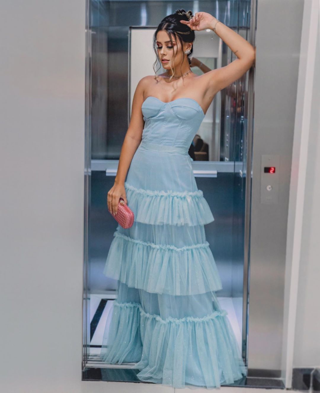 Elegant Light Blue A-line Multi-layer Cake Ruffled Glitter Tulle Long Prom Dress Evening Dress 20th Birthday Dress cc4725