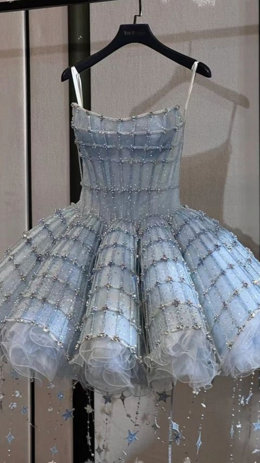 Dreamy And Gorgeous Light Blue Beaded Star Tassel Tulle A-line 16th Birthday Homecoming Dress cc4251