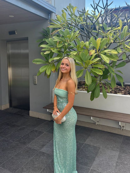 Elegant Mint Green Fitted Strapless Sequined Long Prom Dress Evening Dress cc4951