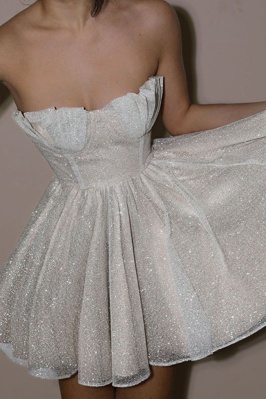 Sparkling Silver And White Glitter Petal Collar A-line Tulle 16th Birthday Homecoming Dress cc4253
