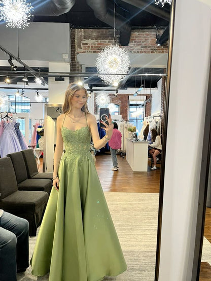 Elegant Green A-line Cross-strap Backless Satin Long Prom Dress Evening Dress cc4956