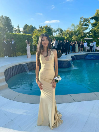 Elegant Champagne Gold Mermaid Halter Neck Backless Satin Long Prom Dress Evening Dress cc4958