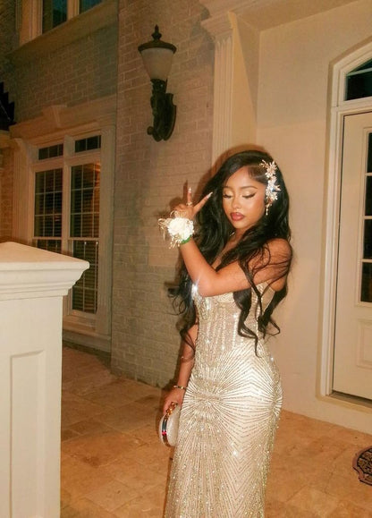 Luxurious Champagne Gold Mermaid Halter Neck Sequined Long Prom Dress Evening Dress cc4959