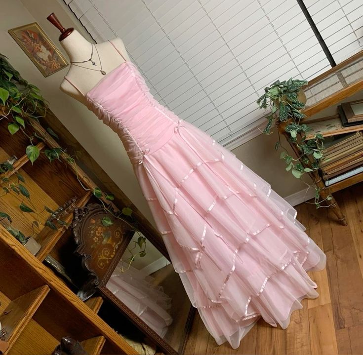 Sweet Light Pink A-line Multi-layer Cake Spaghetti Strap Organza Long Prom Dress Evening Dress Bridesmaid Dress cc4726