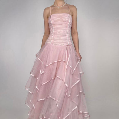 Sweet Light Pink A-line Multi-layer Cake Spaghetti Strap Organza Long Prom Dress Evening Dress Bridesmaid Dress cc4726