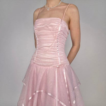 Sweet Light Pink A-line Multi-layer Cake Spaghetti Strap Organza Long Prom Dress Evening Dress Bridesmaid Dress cc4726