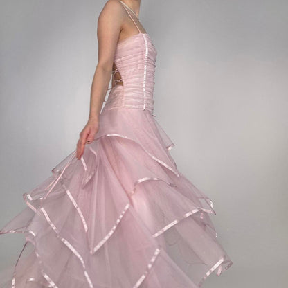 Sweet Light Pink A-line Multi-layer Cake Spaghetti Strap Organza Long Prom Dress Evening Dress Bridesmaid Dress cc4726