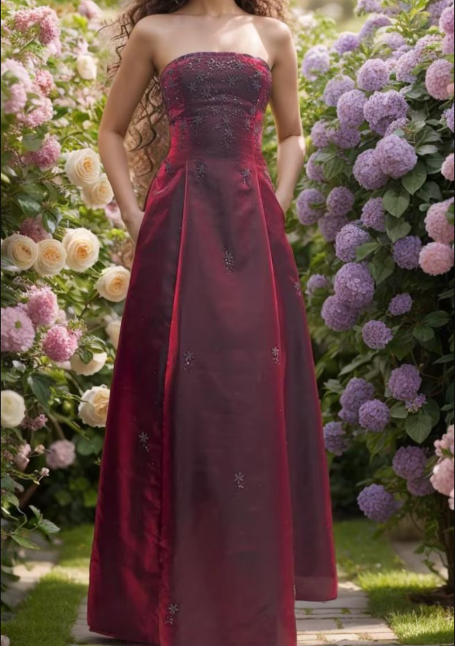 Vintage Burgundy A-line Strapless Tulle Long Prom Dress Evening Dress cc4965