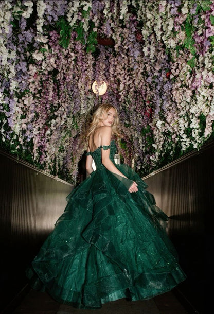 Dreamy Dark Green Off-shoulder Layered Tulle Ball Gown Evening Dress cc4966