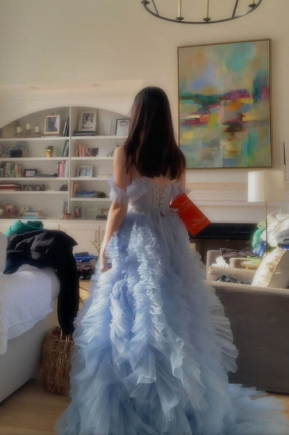 Fantasy Princess Light Blue Off-shoulder Layered Tulle Ball Gown Evening Dress cc4967