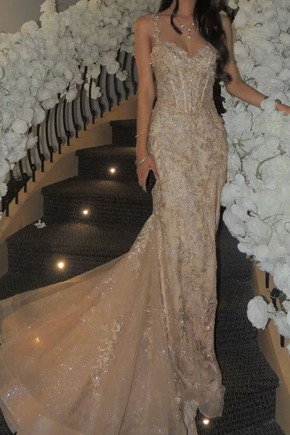 Elegant Champagne Mermaid V-neck Sequin Embroidered Slit Prom Dress Evening Dress cc4968