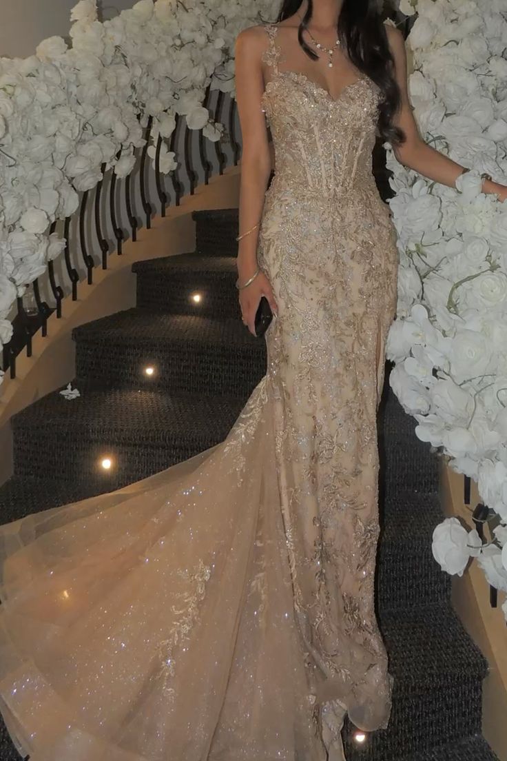 Elegant Champagne Mermaid V-neck Sequin Embroidered Slit Prom Dress Evening Dress cc4968