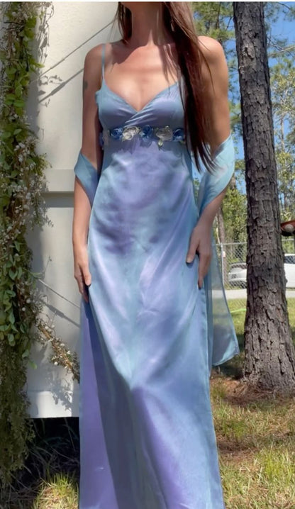 Retro Blue-purple Deep V Neck Strap 3D Floral Satin Long Prom Dress Evening Dress cc4969