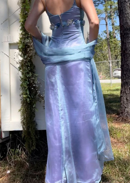 Retro Blue-purple Deep V Neck Strap 3D Floral Satin Long Prom Dress Evening Dress cc4969