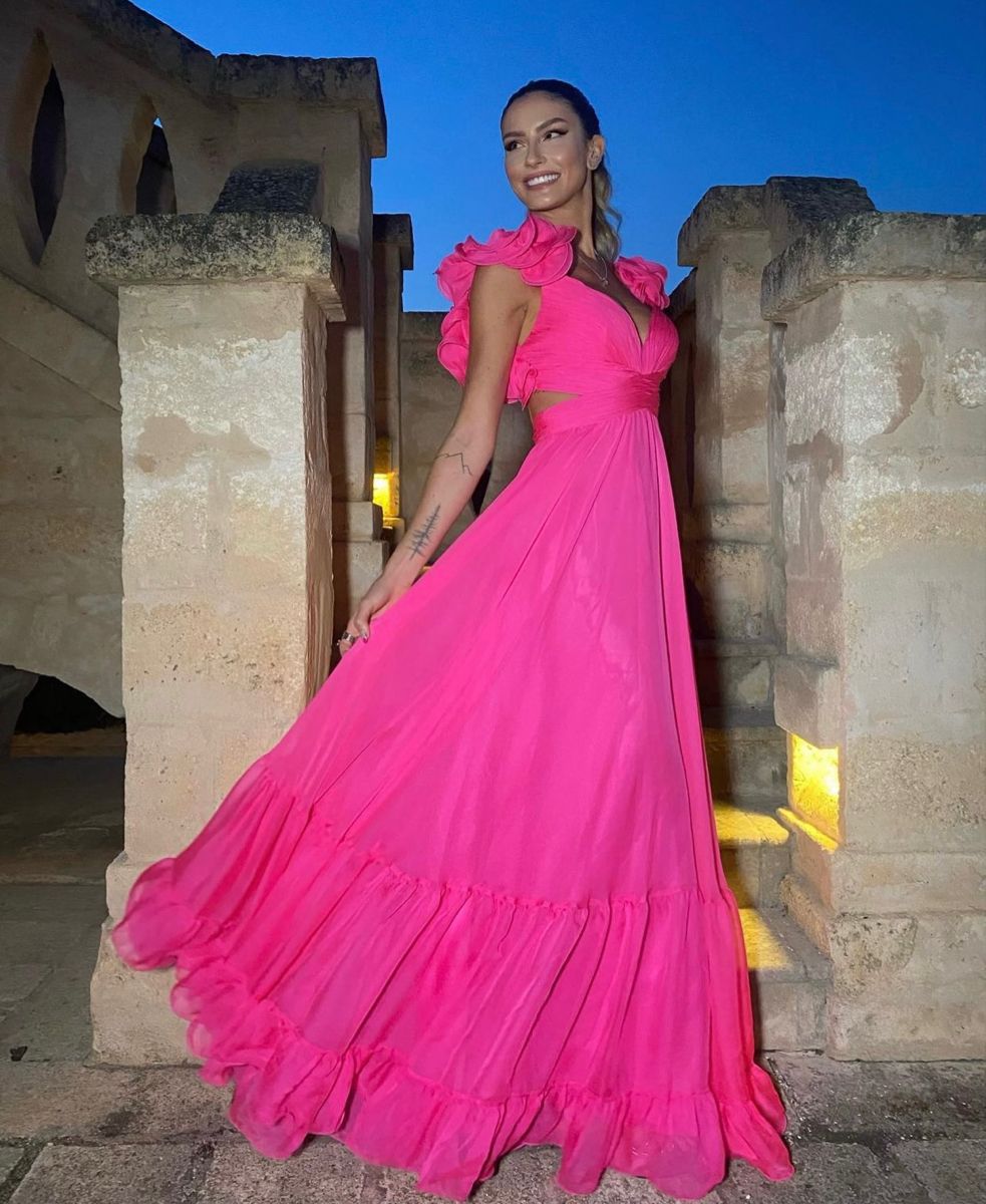 Gorgeous Hot Pink A-line Deep V-neck 3D Flower Back Strap Chiffon Long Prom Dress Evening Dress cc4727