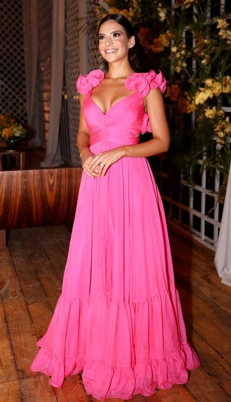 Gorgeous Hot Pink A-line Deep V-neck 3D Flower Back Strap Chiffon Long Prom Dress Evening Dress cc4727