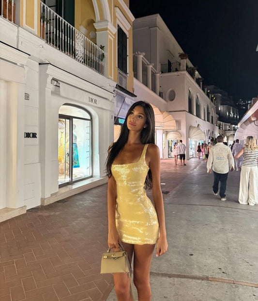 Shining Bright Yellow Square Neck Sequined Slim Fit Hip 17th Birthday Homecoming Dress cc4270