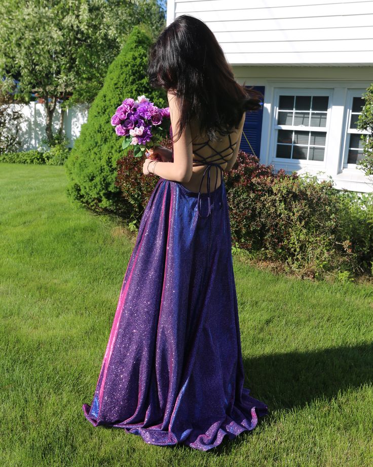 Fluorescent Purple And Pink Gradient A-line Deep V Strap Sequin Long Prom Dress Evening Dress cc4975