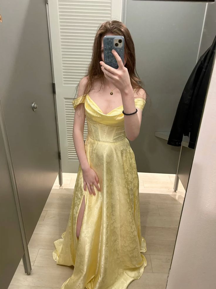 Elegant Pale Yellow A-line Off-shoulder Slit Embroidered Satin Long Evening Dress cc4976