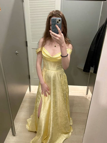 Elegant Pale Yellow A-line Off-shoulder Slit Embroidered Satin Long Evening Dress cc4976