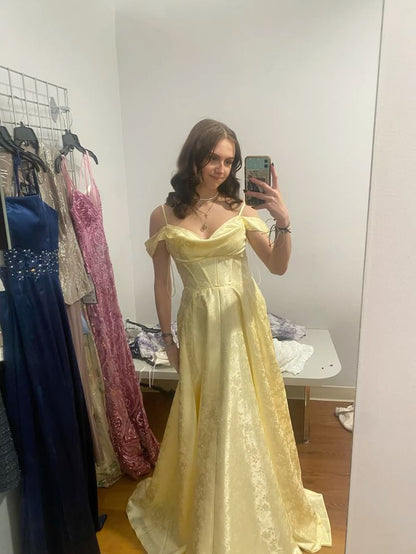 Elegant Pale Yellow A-line Off-shoulder Slit Embroidered Satin Long Evening Dress cc4976