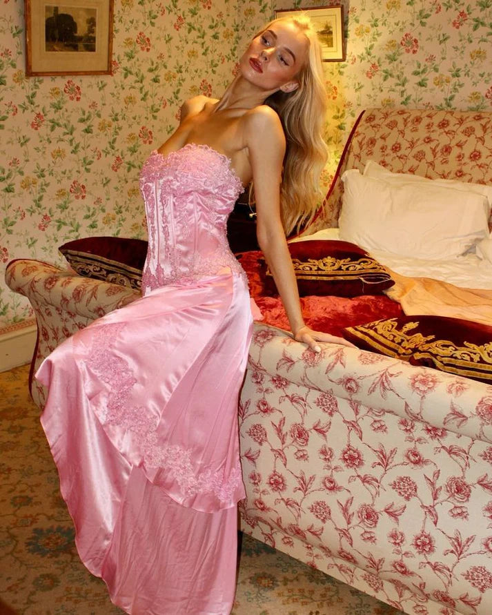 Vintage Pink A-line Lace Satin Long Prom Dress Evening Dress cc4977