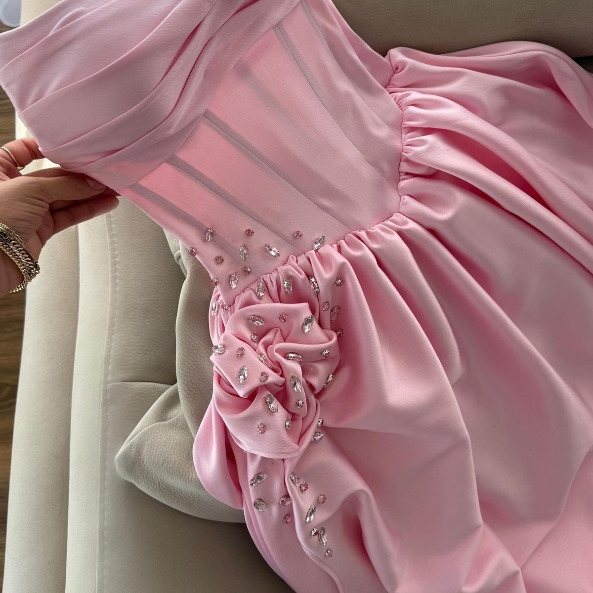 Sweet Pink A-line High Slit Strapless Satin Long Prom Dress Evening Dress cc4979