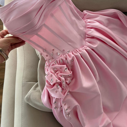 Sweet Pink A-line High Slit Strapless Satin Long Prom Dress Evening Dress cc4979