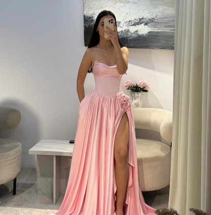 Sweet Pink A-line High Slit Strapless Satin Long Prom Dress Evening Dress cc4979