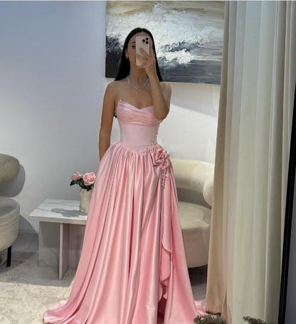 Sweet Pink A-line High Slit Strapless Satin Long Prom Dress Evening Dress cc4979