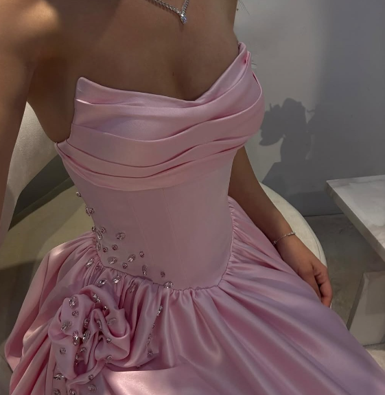 Sweet Pink A-line High Slit Strapless Satin Long Prom Dress Evening Dress cc4979