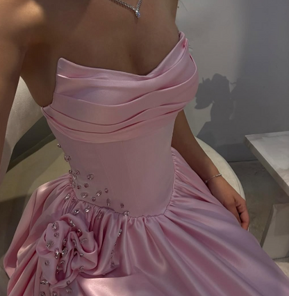 Sweet Pink A-line High Slit Strapless Satin Long Prom Dress Evening Dress cc4979