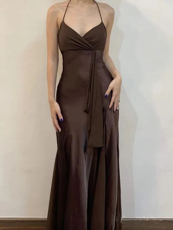 Sexy Brown V Neck Satin Evening Dress Long Party Prom Dress cc2181