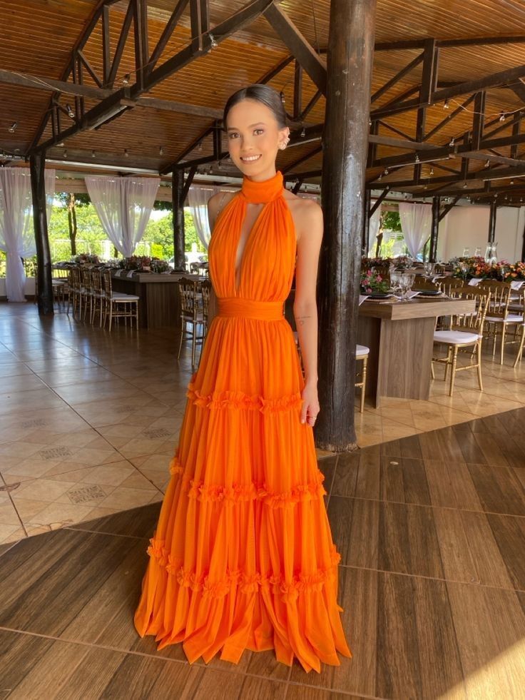 Elegant Bright Orange A-line High Collar Halter Neck Chest Hollow Chiffon Long Prom Dress Evening Dress cc4728