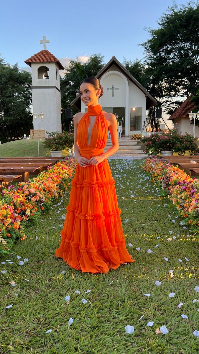 Elegant Bright Orange A-line High Collar Halter Neck Chest Hollow Chiffon Long Prom Dress Evening Dress cc4728