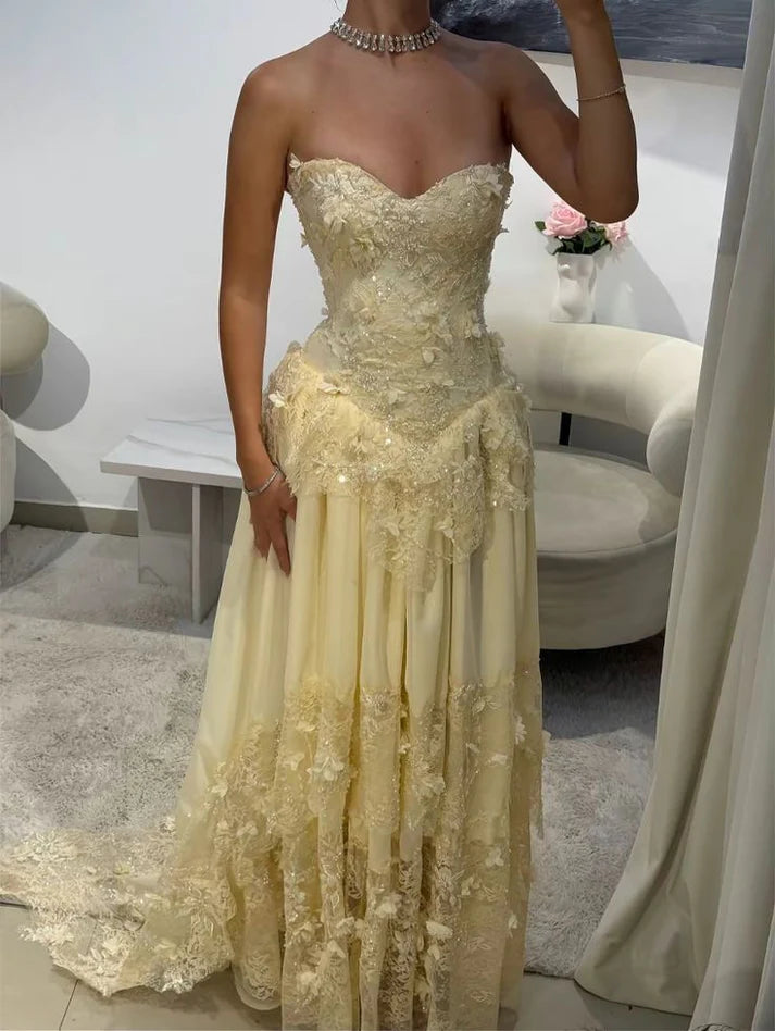Vintage Yellow A-line Lace Train Prom Dress Evening Dress cc4983