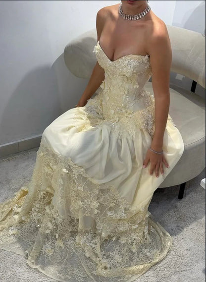 Vintage Yellow A-line Lace Train Prom Dress Evening Dress cc4983