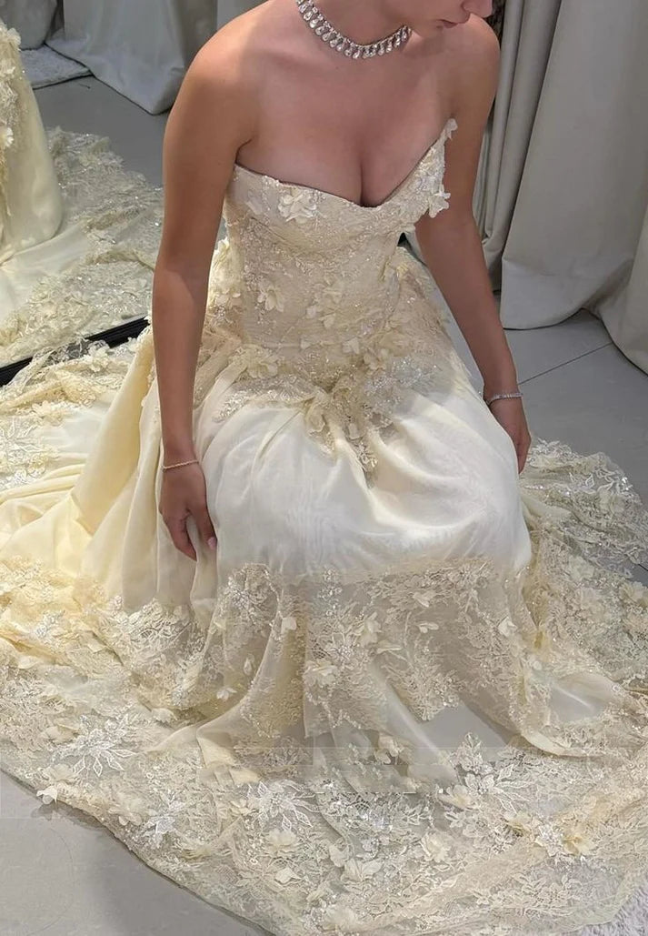 Vintage Yellow A-line Lace Train Prom Dress Evening Dress cc4983