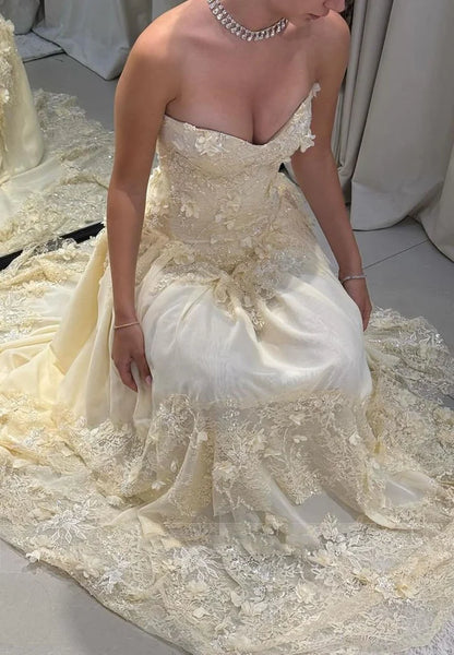 Vintage Yellow A-line Lace Train Prom Dress Evening Dress cc4983