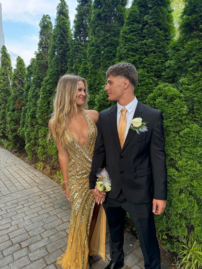 Luxury Golden Mermaid Deep V-neck Strap Slit Sequin Long Prom Dress Evening Dress cc4984