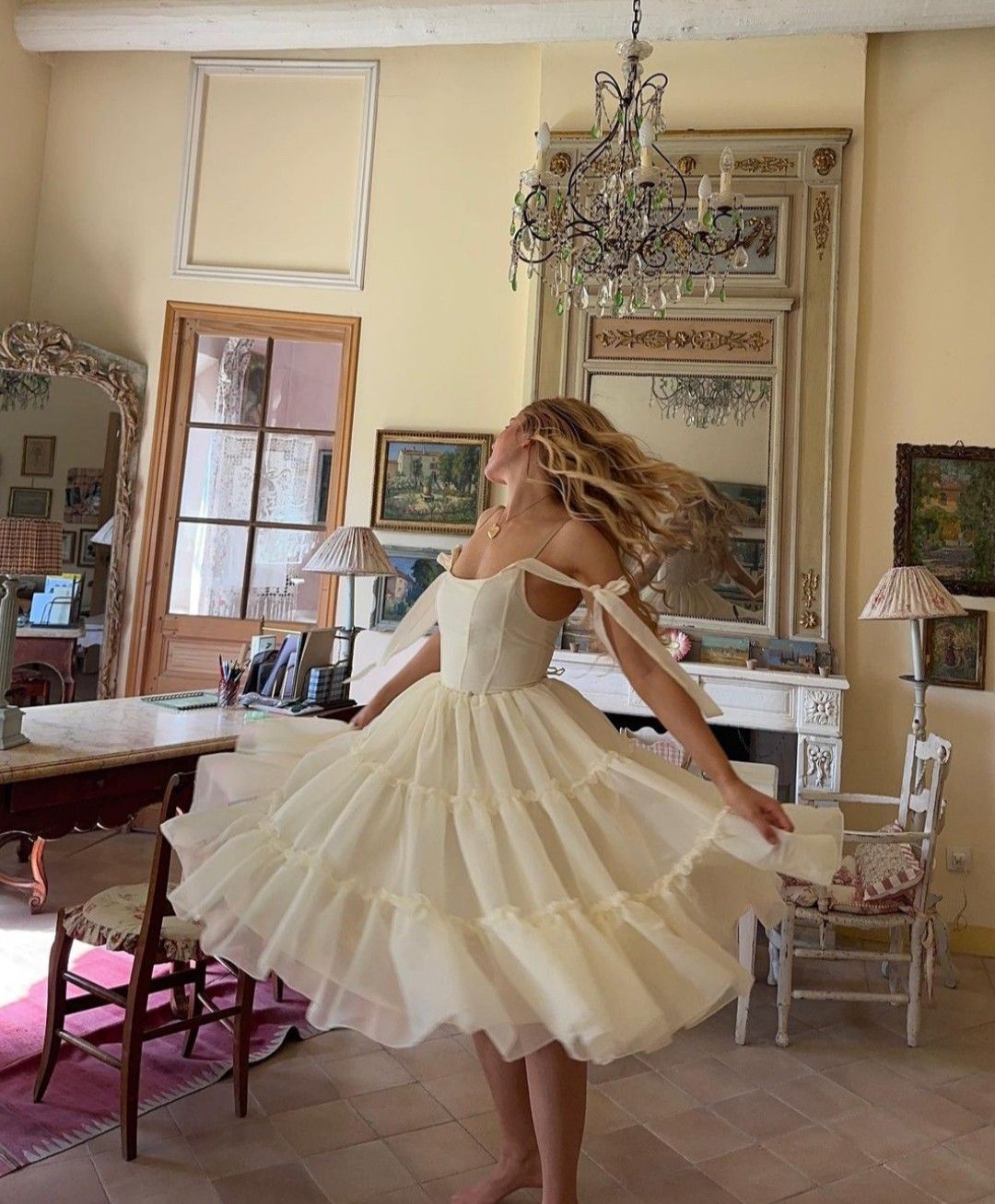 Sweet Ivory A-line Square Neckline Bow Strap Ruffled Chiffon Tea-length Prom Dress cc4729